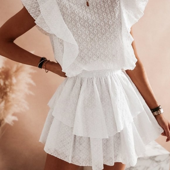 Bohemian White Ruffle Layered Mini Dress Minimalist - Picture 2 of 6